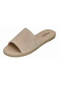 Beige slide sandal with a soft suede upper, open toe design, and jute-style woven sole. Flat, comfortable, suitable for casual wear.
