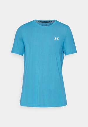 Blaues T-Shirt mit kurzen Ärmeln aus strukturiertem Stoff. Mit Rundhalsausschnitt und einem weißen Under Armour-Logo auf der Brust.