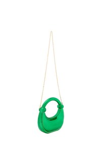 Grøn akryl håndtaske med et cirkulært håndtag, prydet med en guld kædestropp og en glat, blank overflade. Slank, moderne design.