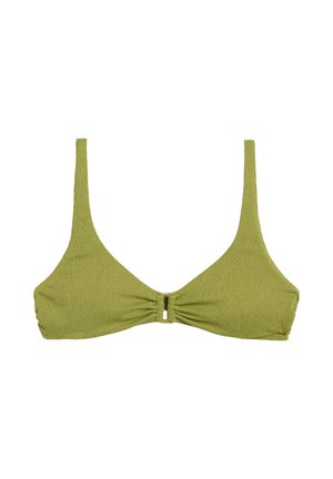 Parte superior de bikini de color verde claro con textura, tirantes delgados y un pequeño detalle recortado en el centro frontal, presentada sobre un fondo blanco.
