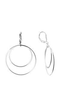 Orecchini a cerchio in argento con due design circolari intrecciati, una superficie liscia e chiusure a leva per un indossamento sicuro.