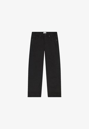 Los pantalones de mezclilla negra presentan un diseño de pierna recta, cinco bolsillos y detalles de costura sutiles para una apariencia limpia.