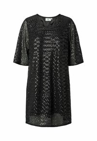 Túnica negra con lentejuelas, de manga corta y cuello redondo, que presenta una superficie texturizada y brillante, además de un corte holgado. Tejido lavable a máquina.