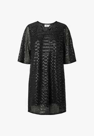 Zwarte pailletten tuniek met korte mouwen, ronde halslijn, met een textuur en glanzend oppervlak en een losse pasvorm. Wasbaar in de wasmachine.