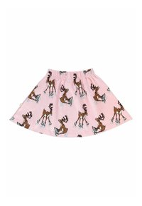 Falda rosa con un patrón repetido de renos marrones sobre patines de hielo. Cintura elástica con un diseño acampanado, confeccionada con una tela suave.