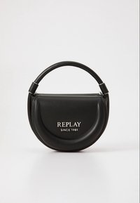 Black leather handbag with a rounded shape, a top handle, and a silver logo that reads "REPLAY Since 1981." Smooth texture and minimalist design.