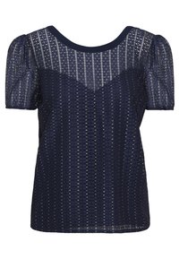 Haut bleu marine avec un motif texturé en tissage ouvert. Présente des manches courtes bouffantes et un décolleté en rond. Conception légère et semi-transparente.