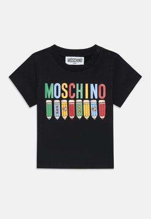 Black short-sleeve t-shirt featuring a colorful pencil graphic and "MOSCHINO" text in bright letters. Made from soft cotton fabric.