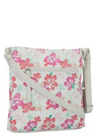 Blumen-Umhängetasche mit weißem Grund, die mit rosa und roten Blumenmustern versehen ist. Glattes Material mit verstellbarem Tragegurt und vorderer Reißverschlusstasche.