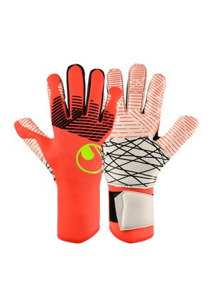 Paar rote und weiße Torwarthandschuhe mit schwarzen und neongrünen Details, einer zeigt die Handfläche mit Griffmustern, der andere die Rückhand.