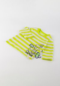 Green and gray striped long-sleeve shirt with a dinosaur graphic, skateboard design, and playful patches. Soft cotton fabric.