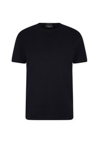 Czarna koszulka z okrągłym dekoltem wykonana z bawełny. Krótkie rękawy, zwykły krój, gładka faktura, bez wzorów ani grafik, prosty design.