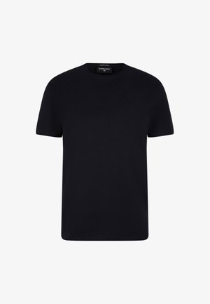 T-shirt nera a girocollo realizzata in cotone. Maniche corte, vestibilità regolare, texture liscia, senza motivi o grafiche, design semplice.