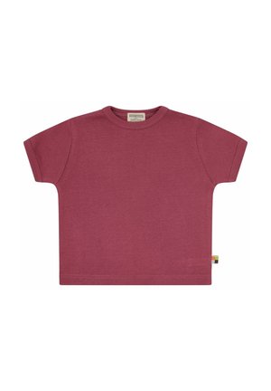 Rostfarbendes Kurzarm-T-Shirt aus weicher Baumwolle. Rundhalsausschnitt, lässige Passform, mit einem kleinen Logosticker an der Seitennaht.