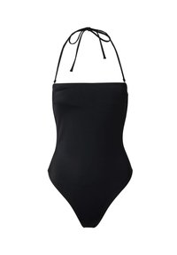 Zwarte badpak met een strapless ontwerp, halternekbinders en een gladde stoftextuur. Kenmerkt zich door een hoog uitgesneden beenstijl.