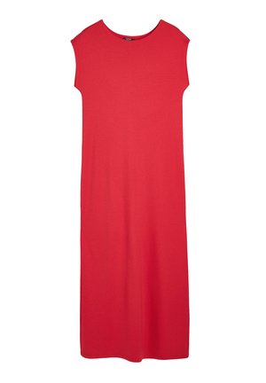 Czerwona, bezrękawnikowa maxi sukienka wykonana z miękkiego, elastycznego materiału. Okrągły dekolt, prosta sylwetka i brak widocznych zdobień.
