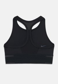 Svart sports-bh med racerback-design, med teksturert panel og subtile grå detaljer. Laget av stretchy, pustende materiale.