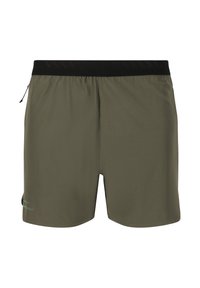 Olivgröna shorts med svart elastiskt midjeband, som har en sidoficka med dragkedja och en subtil randig design på nedre vänstra sidan.