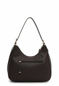 Borsa a spalla in pelle marrone scuro con forma curvata, superficie texture e tasca con zip frontale. Accenti in metallo dorato.