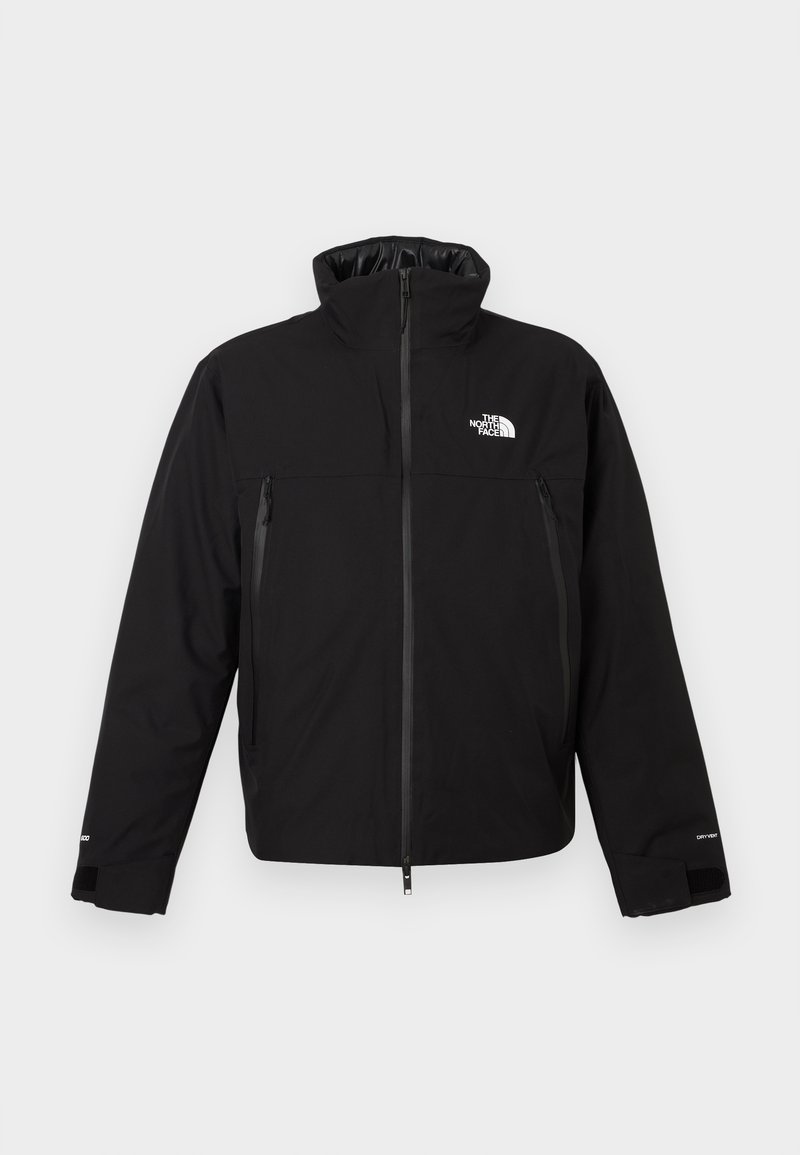 Veste North Face noire avec col haut, fermeture éclair frontale, deux poches zippées et poignets réglables avec velcro.