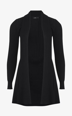 Cardigan negru cu dungi, mâneci lungi, deschis în față, cu tiv evazat, mâneci strâmte și țesătură ușoară tricotată.