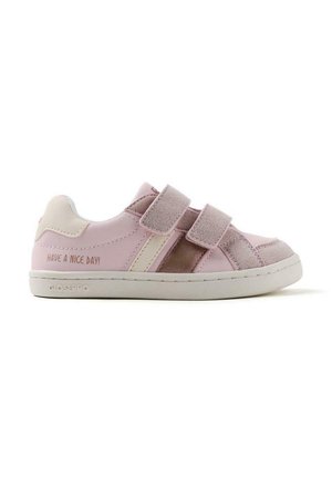 Sneakers bambini rosa con due cinturini in velcro, accenti tonali, pannelli laterali texturizzati e la scritta "BUONA GIORNATA!" stampata vicino al tallone.