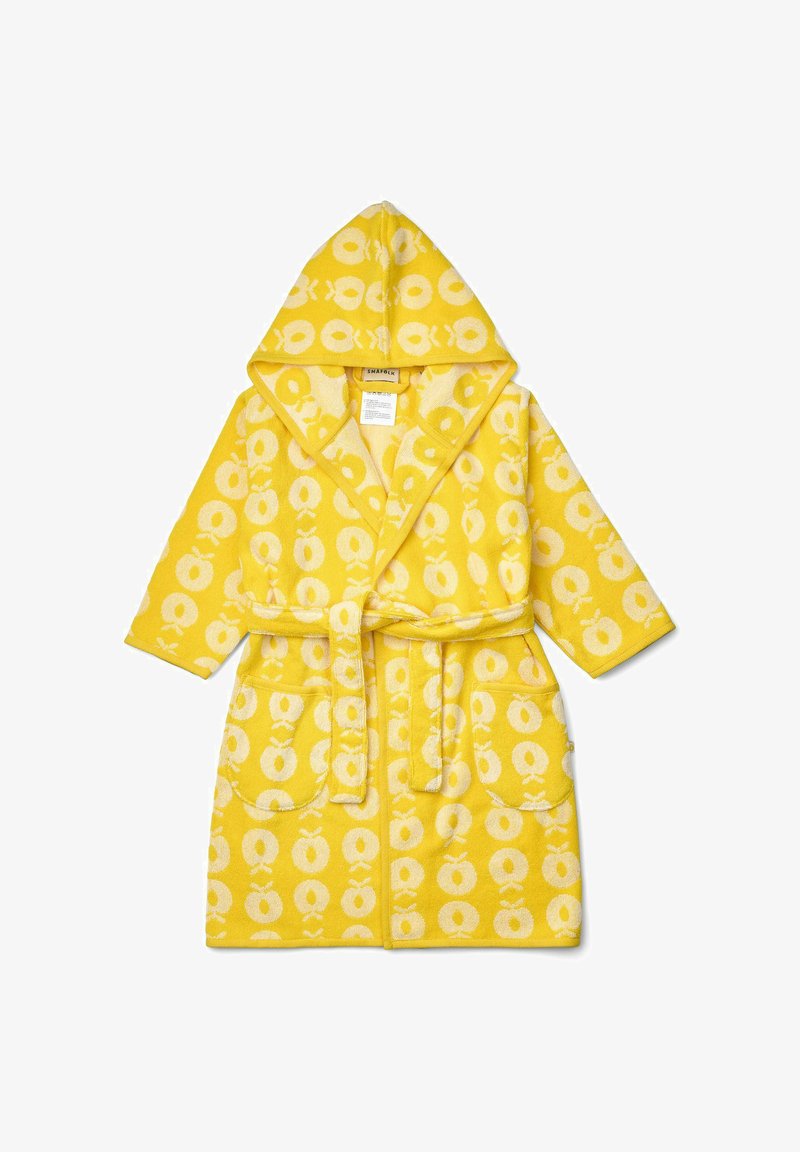 Geltona su kapuce vonios chalatas, dengtas baltų apskritimų raštu, su dviem priekinėmis kišenėmis ir surišamu diržu. Pagamintas iš minkštos medžiagos.