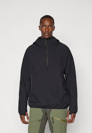 Black hooded pullover jacket with a half-zip, elasticated cuffs, and side pockets; made from lightweight, smooth fabric; casual fit.