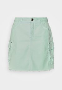 Mint green denim skirt with a straight cut, featuring two side pockets, a button closure, and frayed hem details.