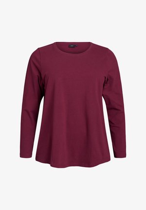 Burgunderfarbene Langarm-T-Shirt aus weicher Baumwolle, mit Rundhalsausschnitt und lockerer Passform, geradem Saum und simplem Design.