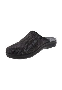 Pantofole nere slip-on con tomaia in tessuto testurizzato e suola imbottita, progettate per il comfort indoor e la facilità di utilizzo.