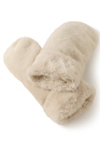 Soft beige faux fur mittens, thick and plush, designed for warmth, shown overlapping on a white background.