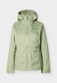 Φωτεινό πράσινο αντιανεμικό μπουφάν με κουκούλα, εμπρόσθιο φερμουάρ, ρυθμιζόμενα μανίκια και λογότυπο Columbia στο στήθος.