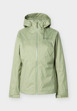 Hellgrüne Regenjacke mit Kapuze, Reißverschluss vorne, verstellbaren Bündchen und Columbia-Logo auf der Brust.