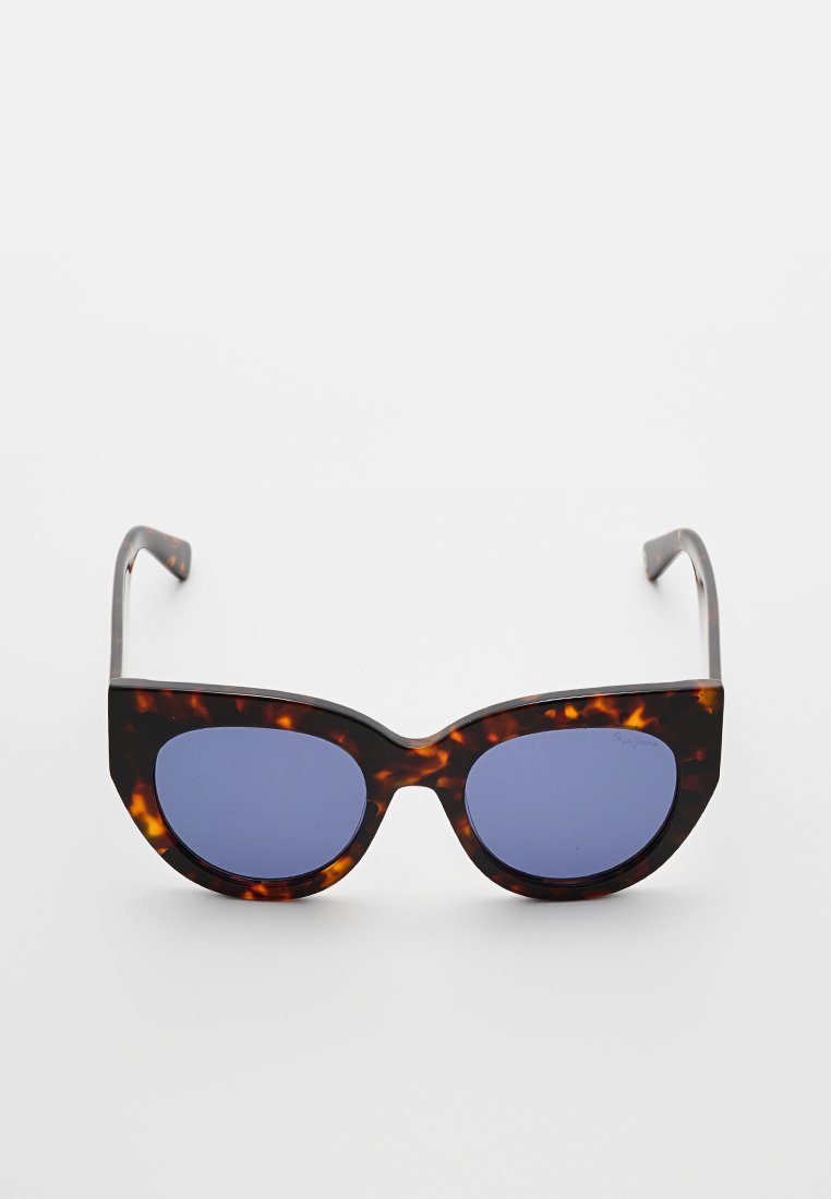 Katzenaugen-Sonnenbrille mit Schildpatt-Rahmen und dunkelblauen Gläsern, zentriert auf einem weißen Hintergrund.