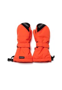 Guanti di colore arancione brillante realizzati in materiale resistente, con cinturini regolabili e accenti neri con il nome del marchio "GOSOAKY" sui polsini.