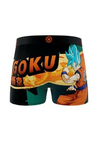 Caleçons de boxe noirs avec un graphique coloré de Goku. Le design comprend des accents orange et vert vifs, avec une ceinture noire et un logo.