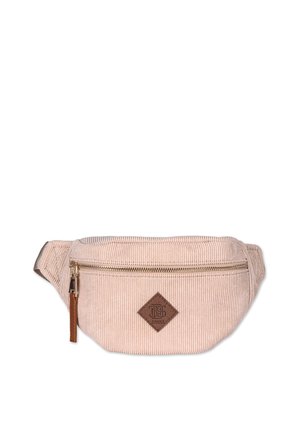 Light beige corduroy fanny pack with a front zipper pocket, brown leather accent, and brand logo patch in a diamond shape.