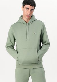 Lichtgroene hoodie gemaakt van zacht materiaal. Heeft een kangoeroezak, een capuchon met trekkoord en een klein logoaccent op de borst.