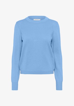 Pulover bleu deschis cu mâneci lungi, guler rotund, manșete și tiv cu nervuri, realizat dintr-un material tricotat moale, având un design fără suduri.