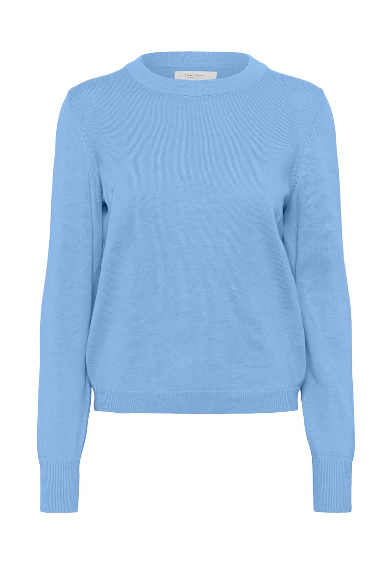 Light blue sweater with long sleeves, crew neckline, ribbed cuffs and hem, made of soft knit material, featuring a seamless design.