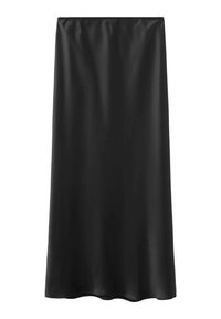 Jupe noire longue jusqu'au sol, fabriquée en matière lisse et légère, avec une taille élastique et un design simple. Aucun motif ou accent visible.