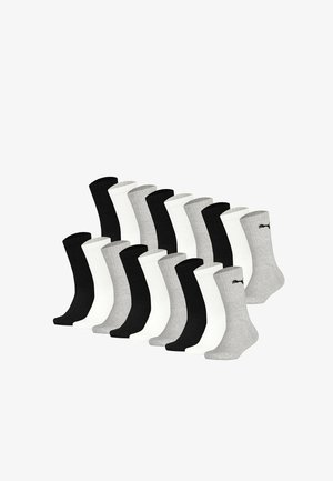 Fünfzehn Paare schwarze, weiße und graue Knöchelsocken, angeordnet in drei Reihen mit kleinen Logos nahe am oberen Rand bei einigen Paaren.