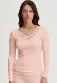 Light pink long-sleeve top with ribbed texture and a lace-trimmed deep V-neckline. Fitted silhouette, soft fabric, and elegant detailing.