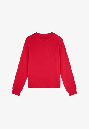 Red sweatshirt made of cotton blend, featuring long sleeves, round neckline, and ribbed cuffs. Small logo accent on the left chest.