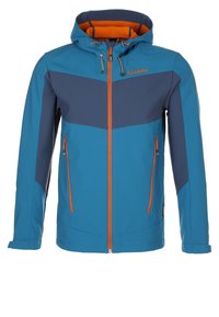 Blauwe en marineblauwe outdoorjas met capuchon, voorkant rits, oranje accenten, twee zijzakken en een kleurblokontwerp. Glad textuur.