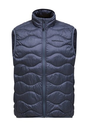  gepolsterte Weste in dunkelblau, mit hohem Kragen, Frontreißverschluss und wellenförmigem Muster. Hergestellt aus leichtem, glänzendem Stoff.