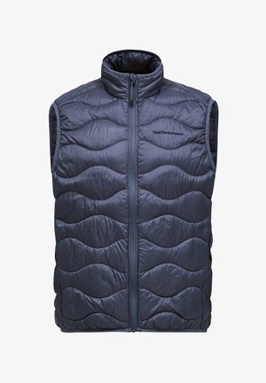 Padded vest in dark navy, featuring a high collar, front zipper, and wave-patterned texture. Made of lightweight, shiny fabric.