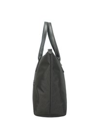 Sac à main noir avec un tissu texturé, deux poignées solides et une forme effilée. Présente une fermeture éclair simple et une poche latérale pour le rangement.
