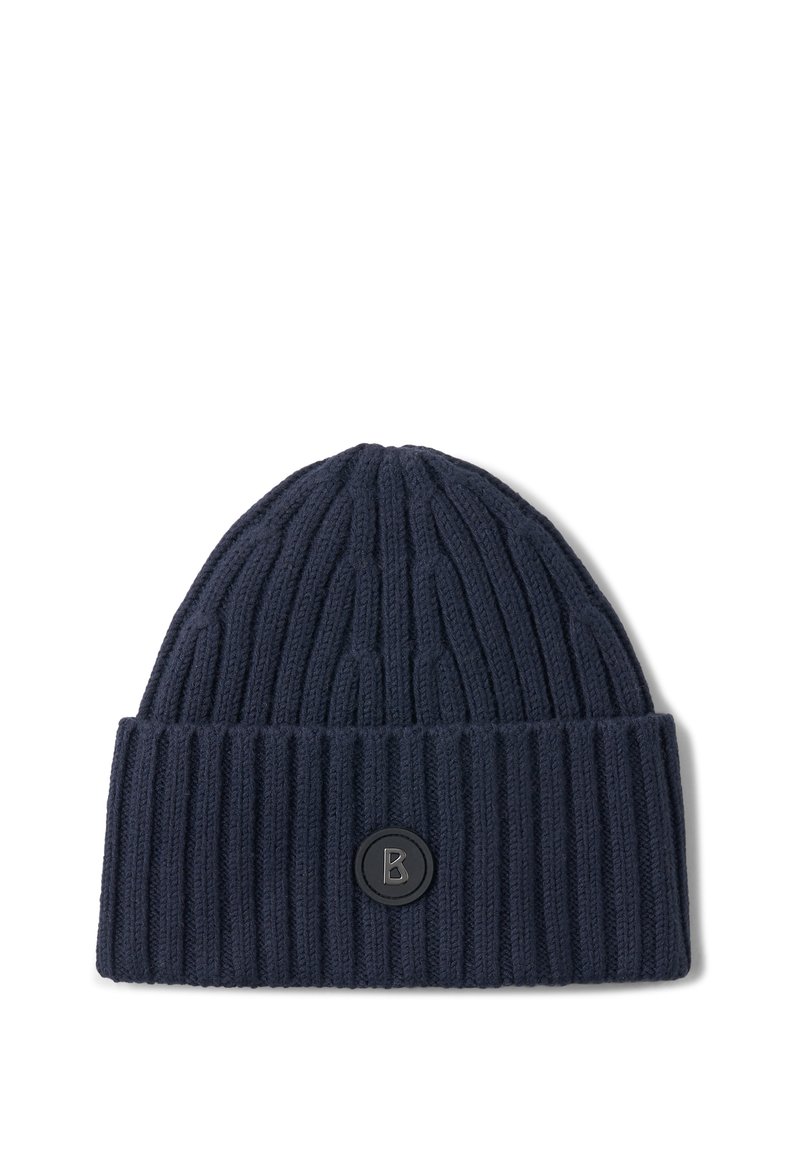 Granatowa, prążkowana czapka typu beanie z podwiniętym brzegiem i czarną okrągłą łatą z wystającą literą "B" na środkowej części przodu.